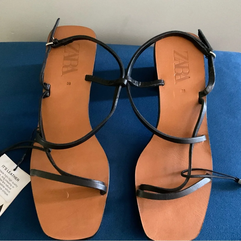 Zara Black Strappy heel Sandals with Brown Footbed